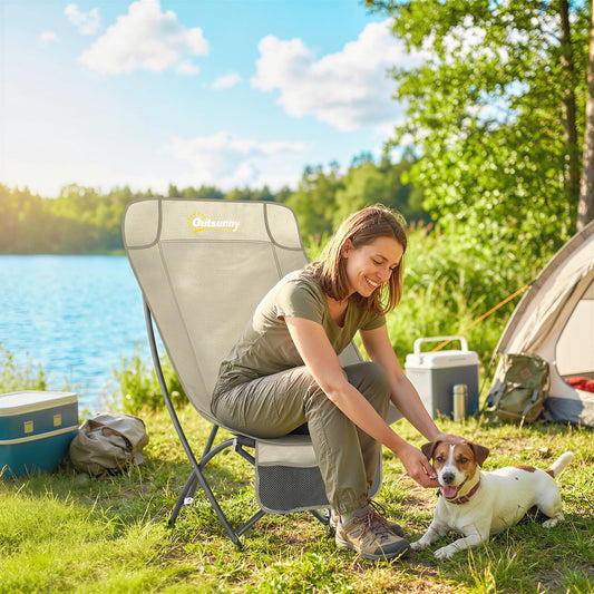 Outsunny Moon Camping Chair – Heavy Duty Folding Camp Chair, 120kg, Water-Repellent Oxford Fabric, Side Pocket & Carry Bag – Khaki
