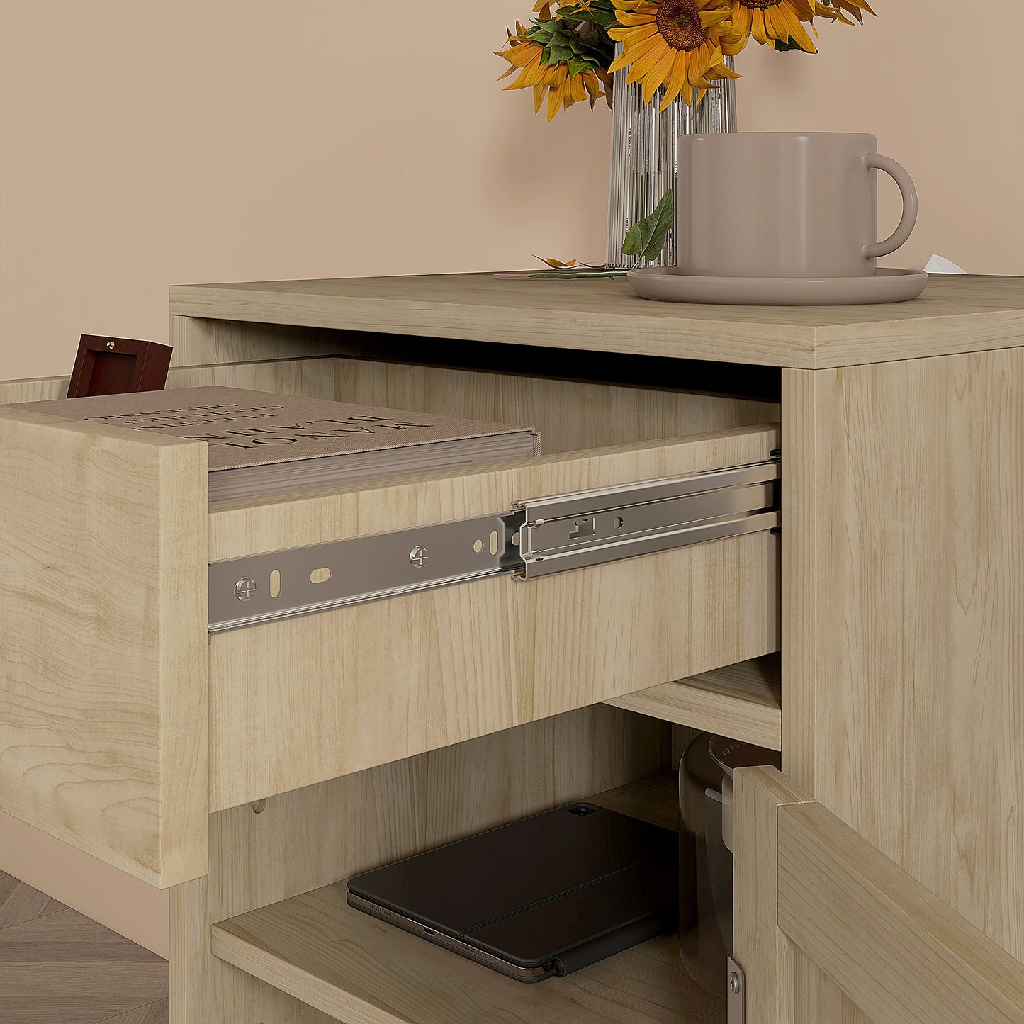 Set of 2 Rattan Boho Bedside Tables | Drawer & Cabinet | Natural Wood Finish