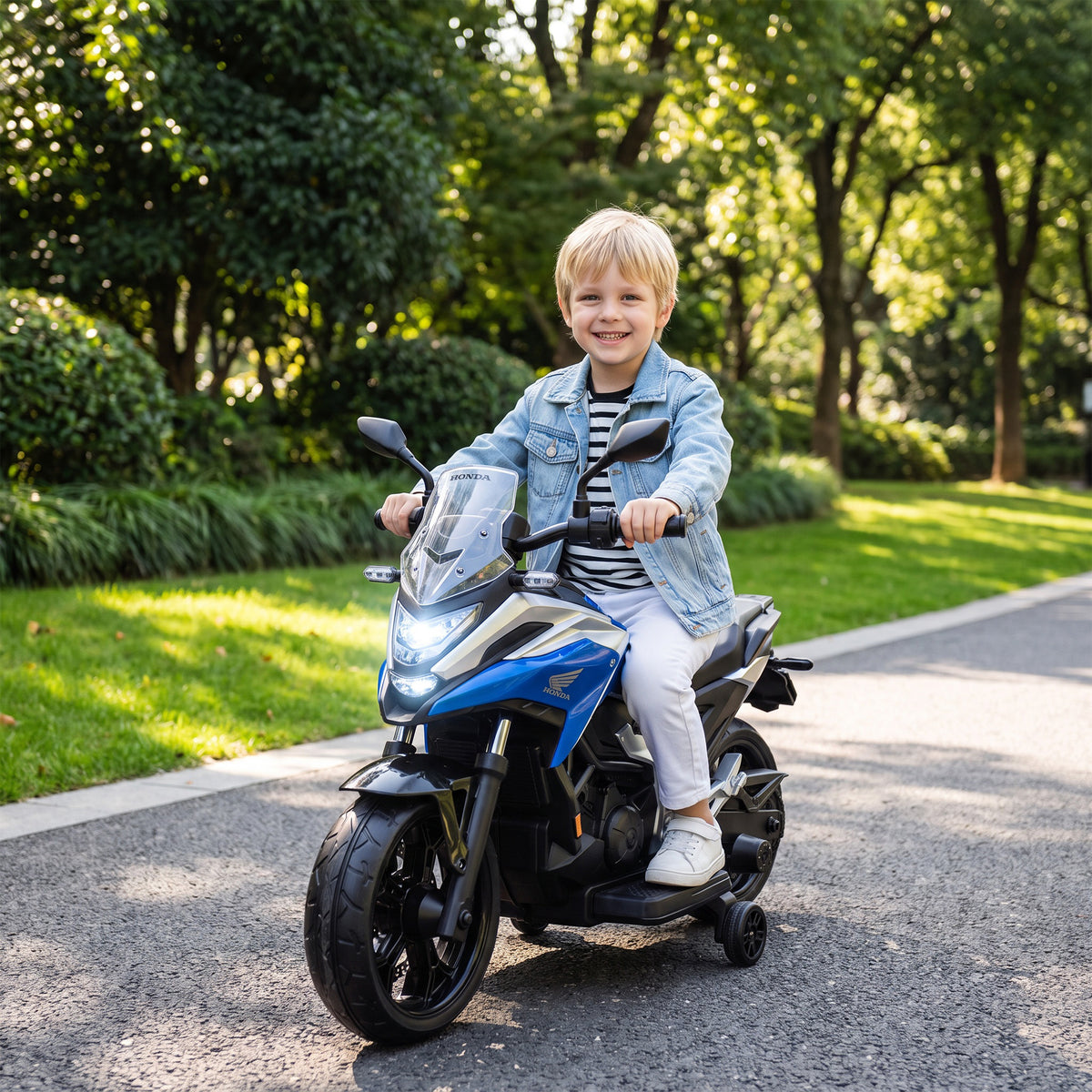 Licensed Honda NC750X 12V Kids Electric Motorbike | Soft-Start | Training Wheels | Forward & Reverse | Headlights | USB MP3 Music | LED Battery Indicator | 107x46x75cm | 30kg | Age 3-6 | Blue