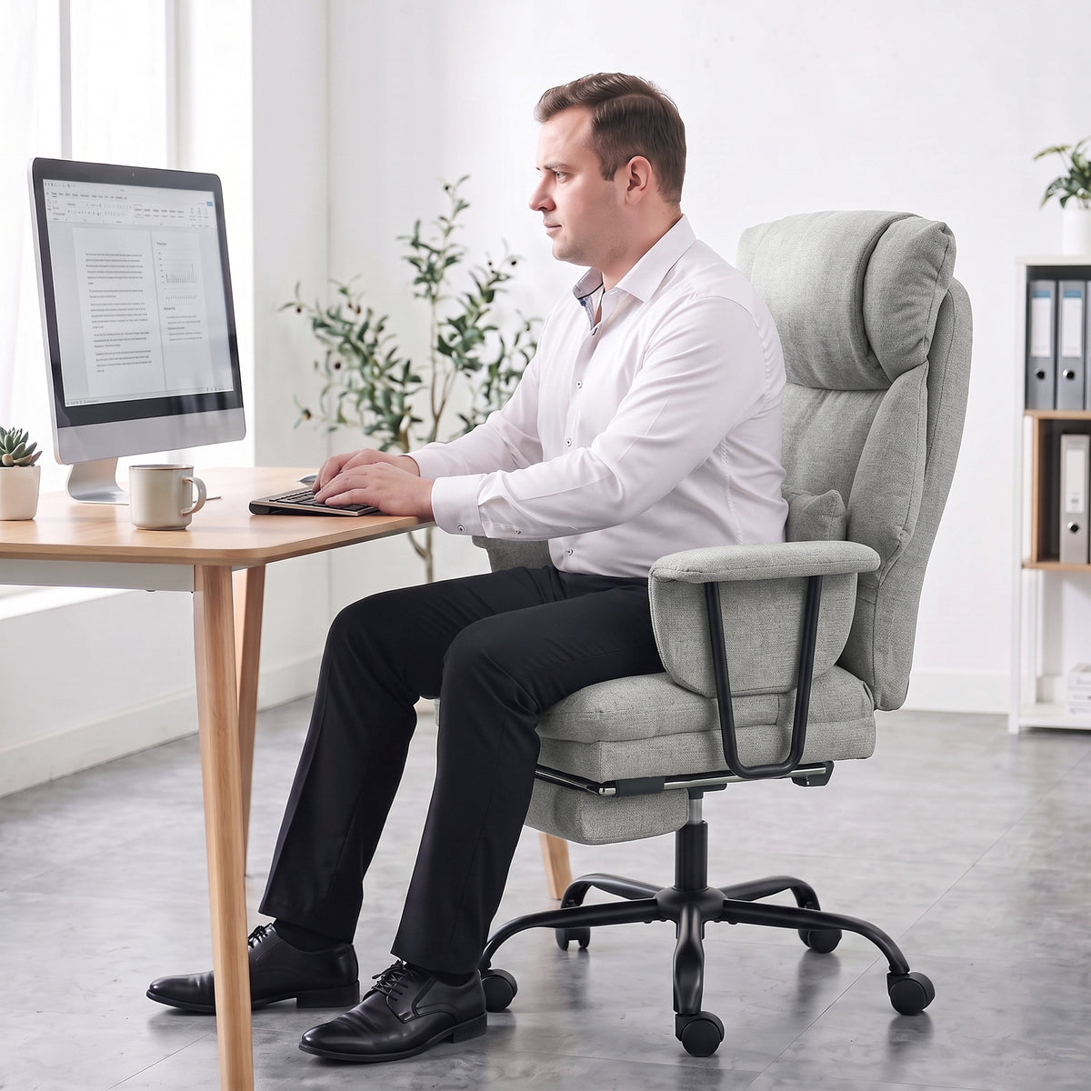 Grey Heavy-Duty Reclining Office Chair | 180 kg Capacity, 55 cm Wide Seat with Pocket Springs, Lumbar Support & Footrest | 135° Recline