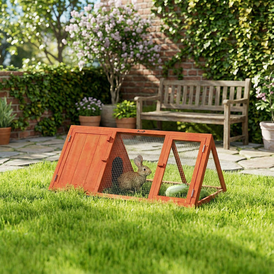 PawHut Rabbit Hutch, Wooden Guinea Pig Hutch with Run and Doors, Outdoor Triangle Bunny House for Rabbits,Duck and Chicken