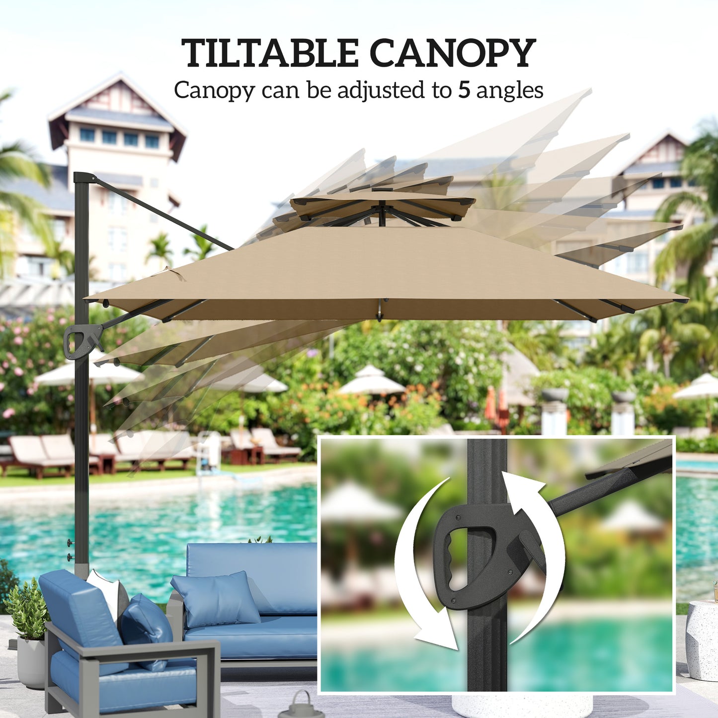Outsunny 3.5x3 m Garden Cantilever Parasol with Solar LED Lights and Centre Light, Aluminium Large Square Patio Umbrella, UPF50+ Hanging Sun Shade with Cross Base