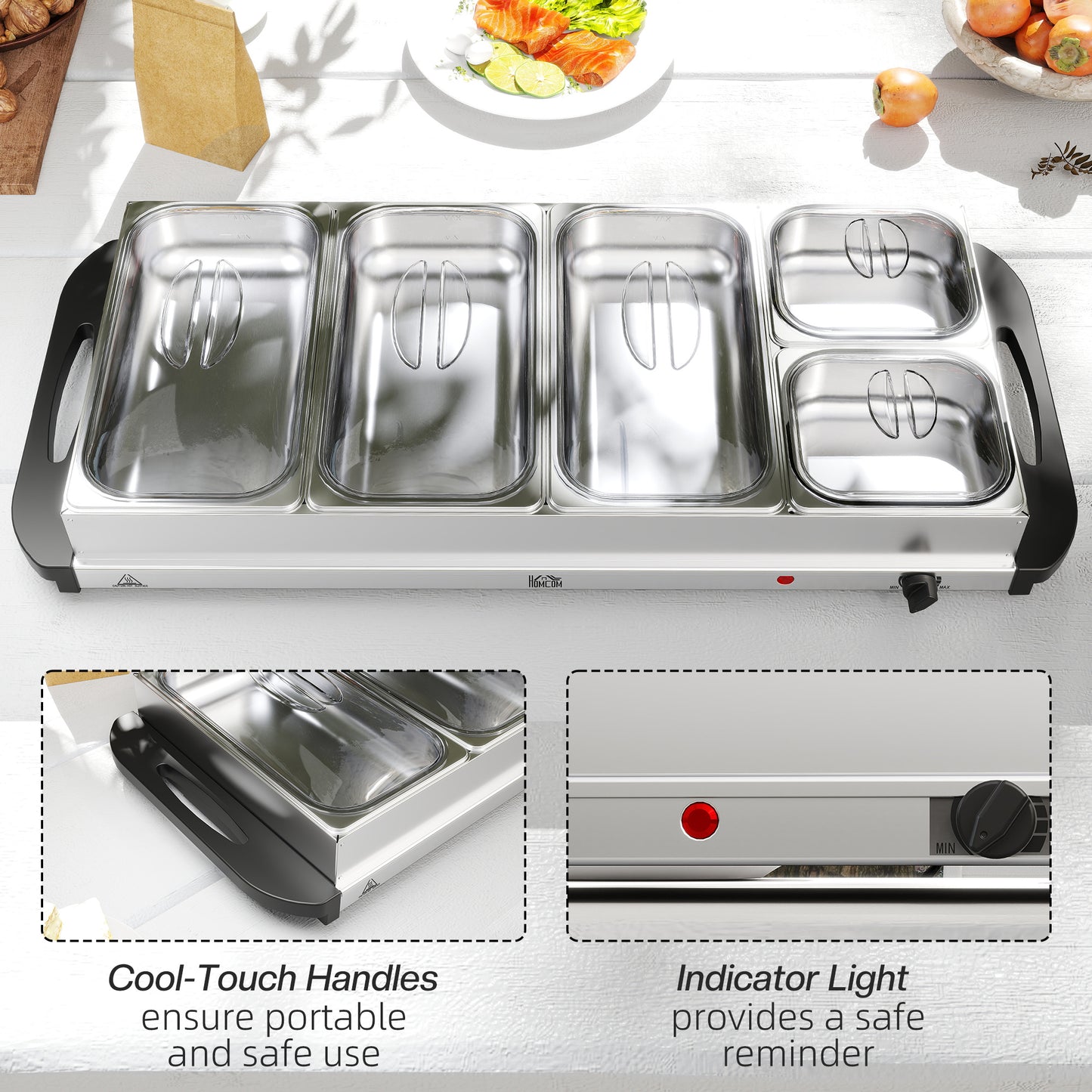 Electric Food Warmer 5 Tray, 9.2L Portable Buffet Server and Warming Tray with Lids, Adjustable Temperature Control and Cool Touch Handles