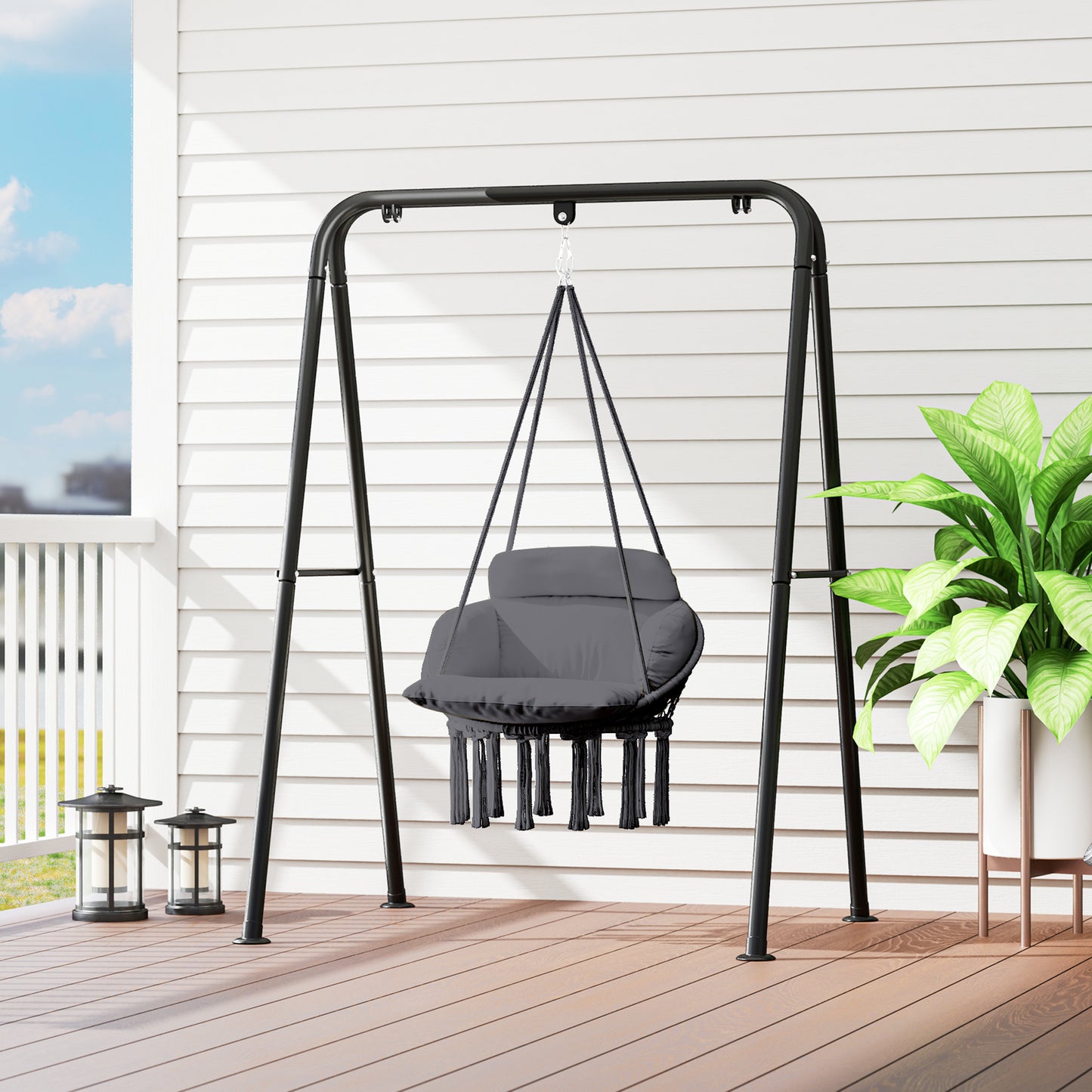 Hanging Chair Indoor Outdoor Hammock Chair with Soft Cushion, Cotton Rope Boho Style Swing Chair, Hanging Garden Swing Seat, Dark Grey