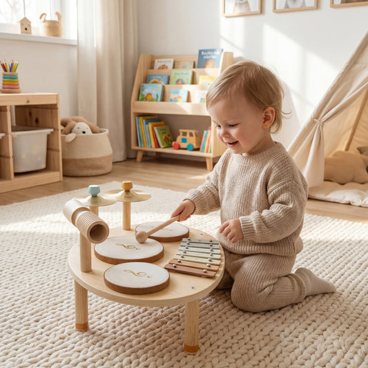 Baby Drum Kit β 4-in-1 Wooden Musical Instruments, 3 Drums, 8-Note Xylophone, Cymbals & Dual-Tone Block, EN71 Tested, Gift-Ready, Ages 2+