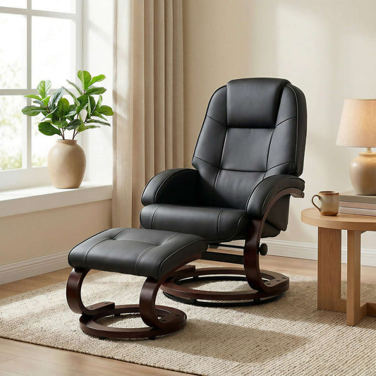 Swivel Recliner Chair & Footstool | PU Leather | 360° Swivel | 135° Recline | Bent Wood Frame | 120kg | Black