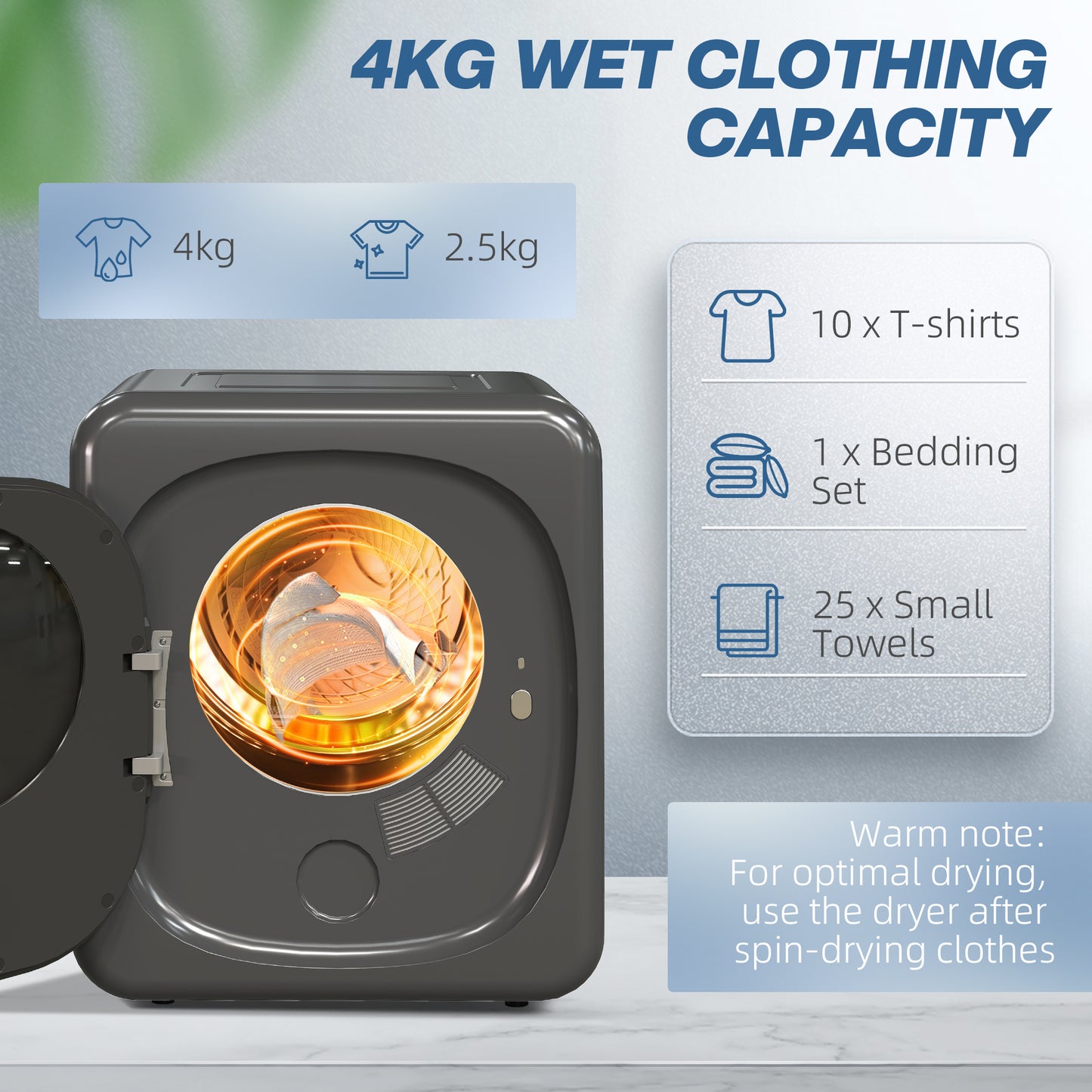 4kg Vented Tumble Dryer with Deodorise, Smart Mode, 800W Compact Tumble Dryer with Stainless Steel Tub, Front Load, for Flat, Home, RVs, Grey