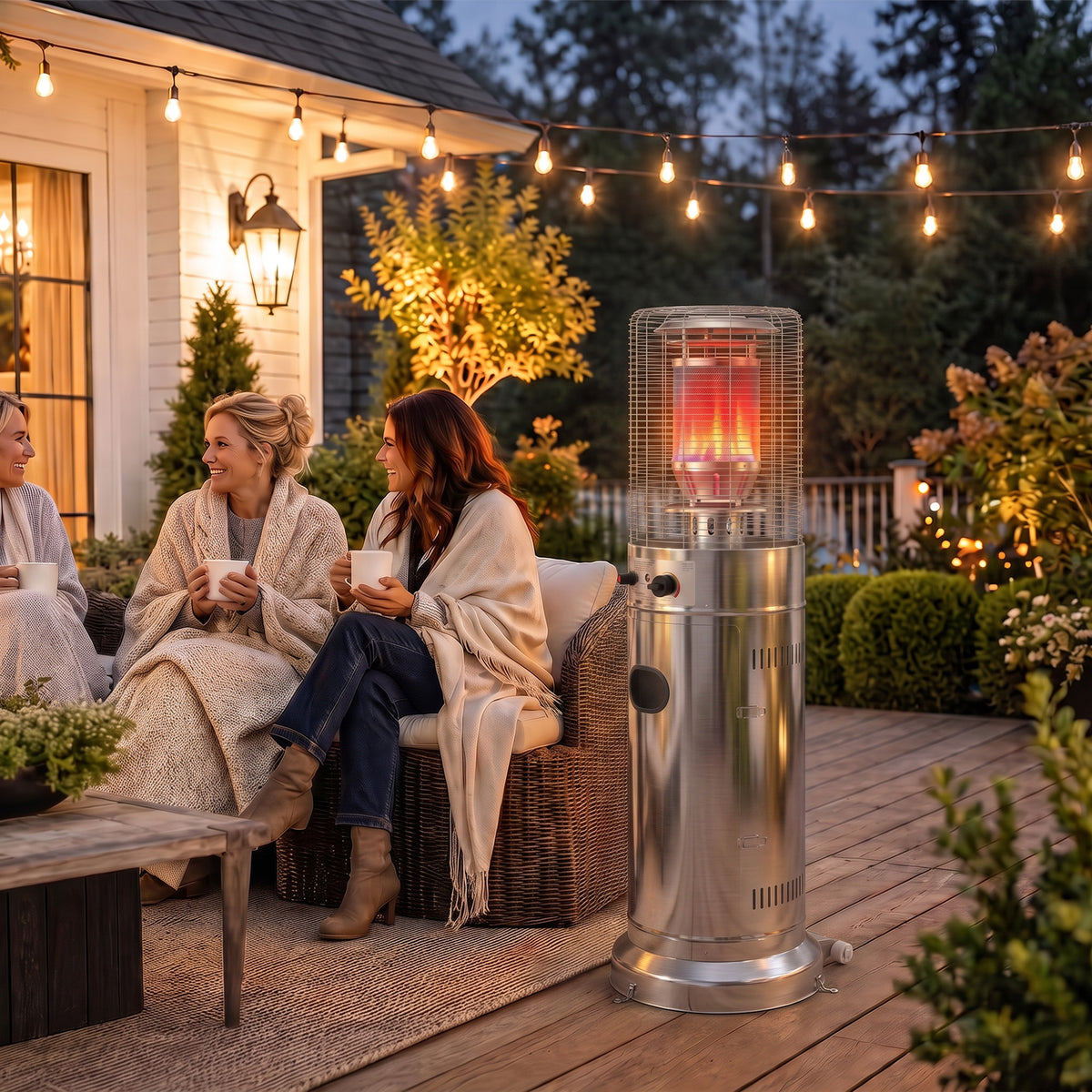 Outsunny Gas Patio Heater | Silver Stainless Steel | 13kW Stepless | 30m² Coverage | Pulse Ignition | Tip-Over Protection | Propane | Metal Mesh Guard | Tank Cabinet | 52x46x136cm