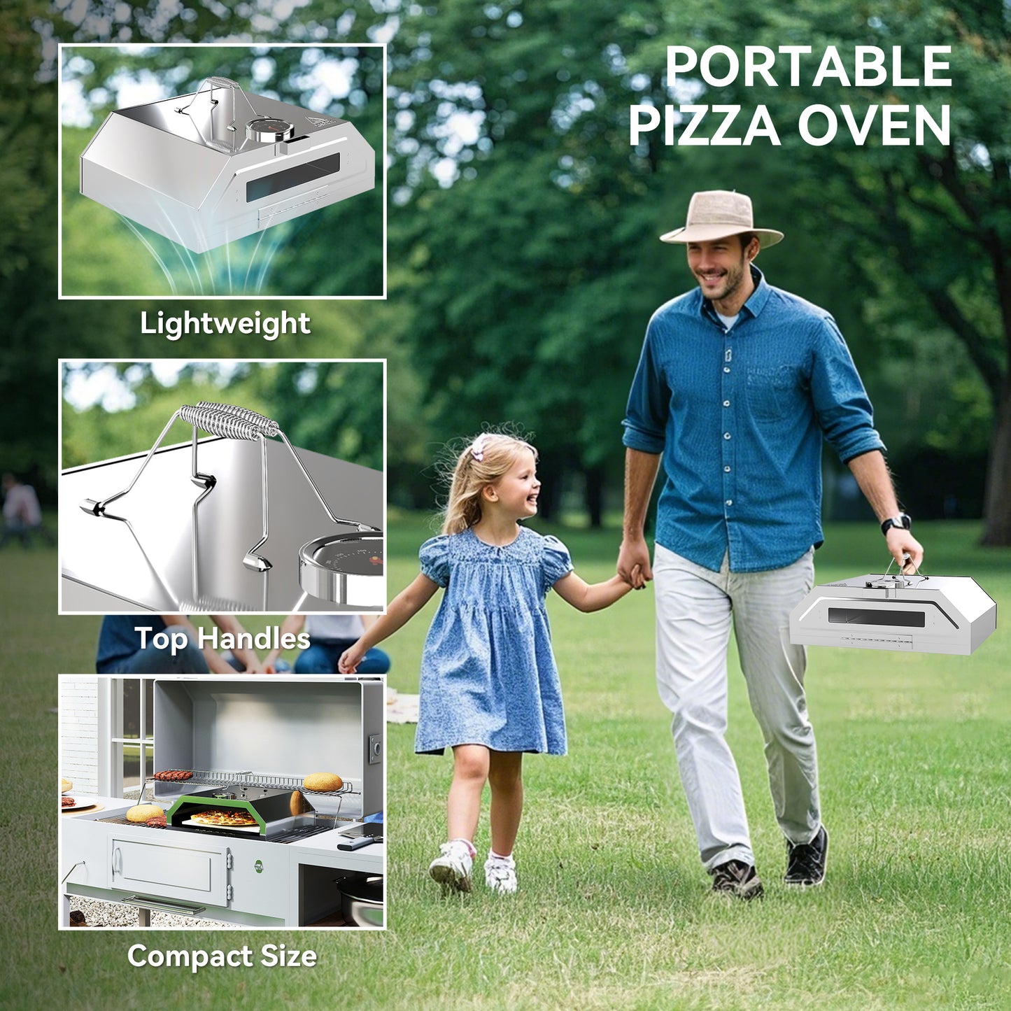 Portable Stainless Steel BBQ Grill Top Pizza Oven with Built-in Thermometer and Viewing Window for Gas and Charcoal BBQ Grills
