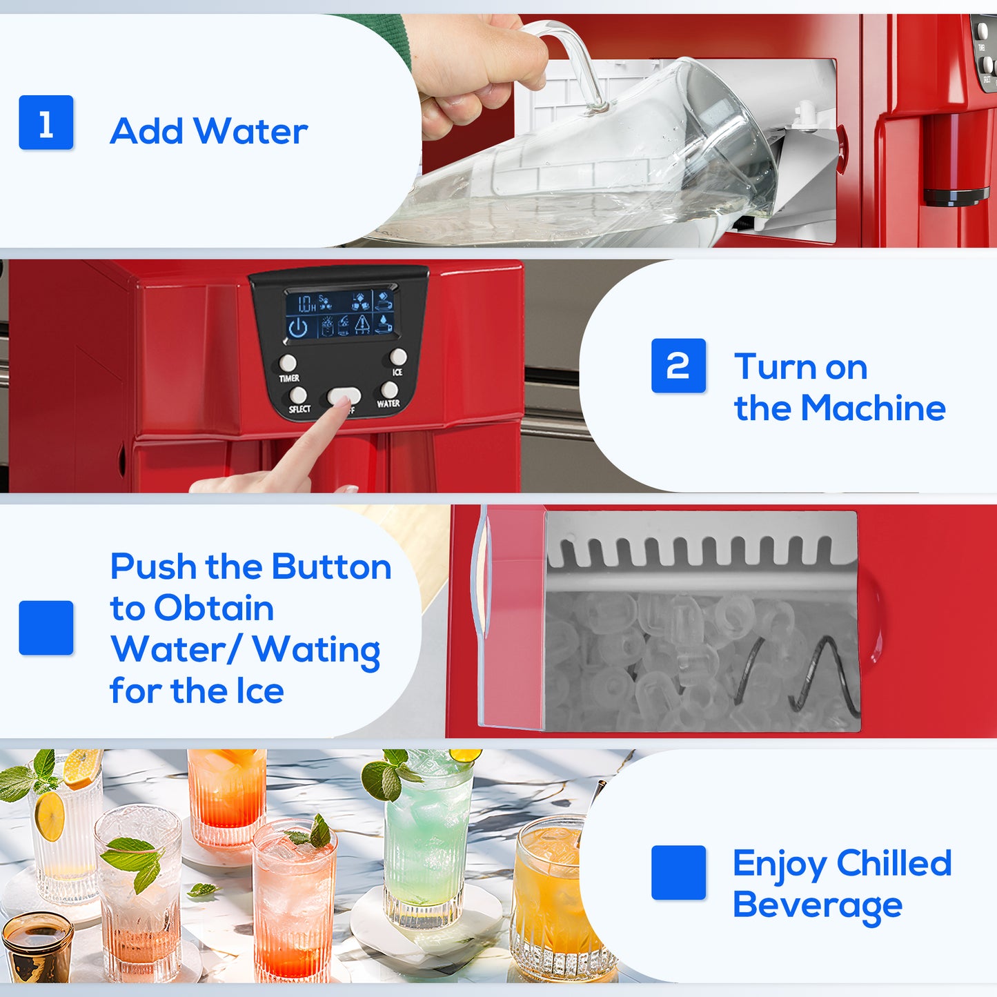3L Ice Maker Machine and Water Dispenser, 12kg in 24H, 2 Sizes 9 Ice Cubes Ready in 6-10 Mins Ice Machine, Red