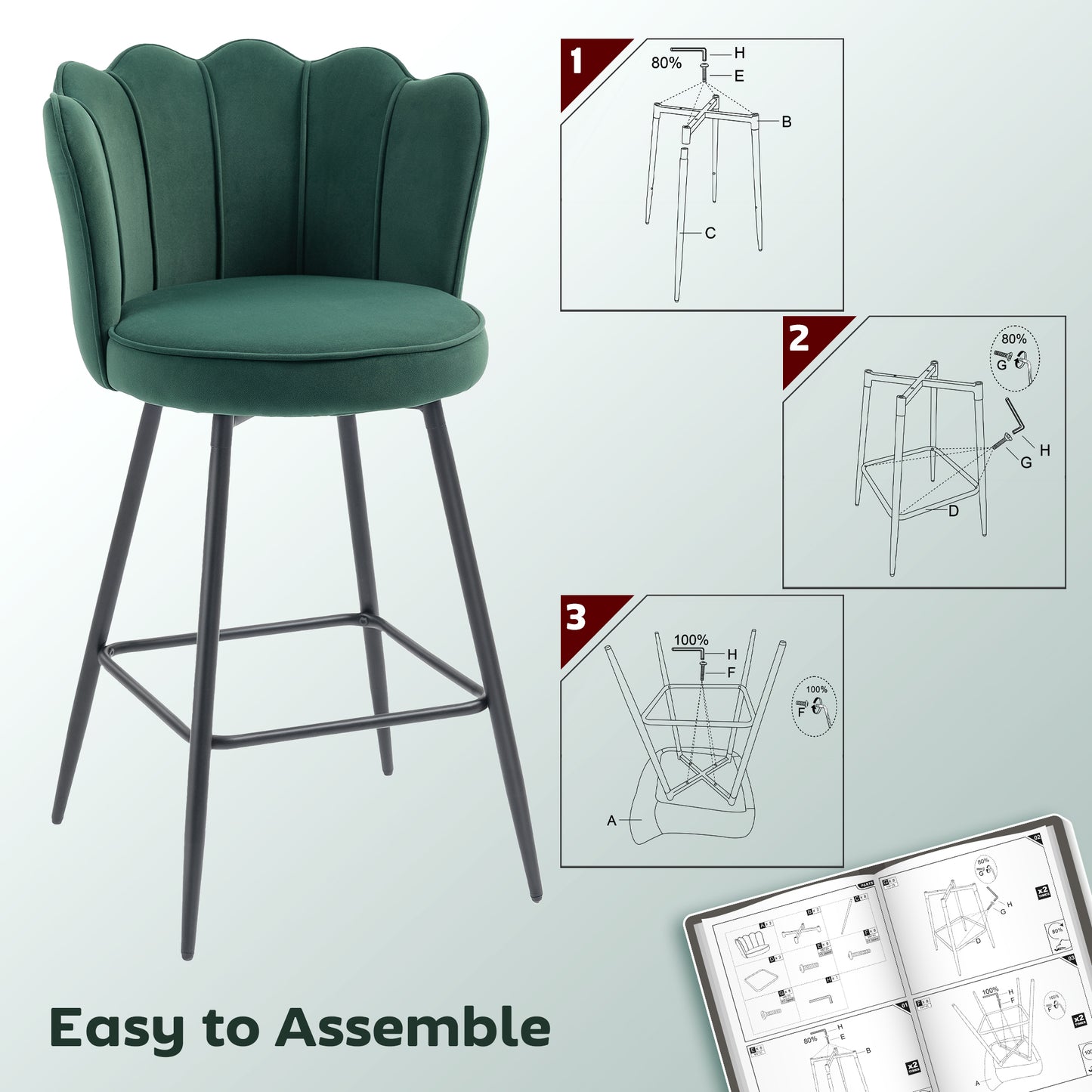 Set of Two Velvet-Feel Lotus Bar Stools - Dark Green / Grey