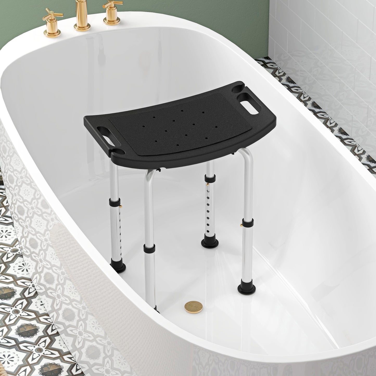 Height Adjustable Bath Stool, Aluminium Shower Stool with Non-Slip Pads - Black