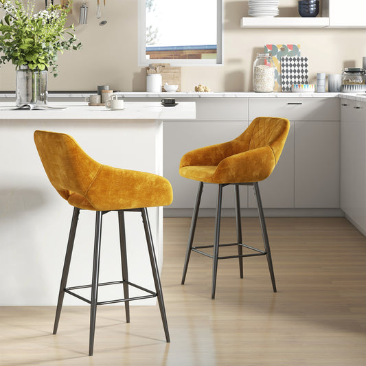 Retro Style Set of Two Velvet-Feel Bar Stools - Brown