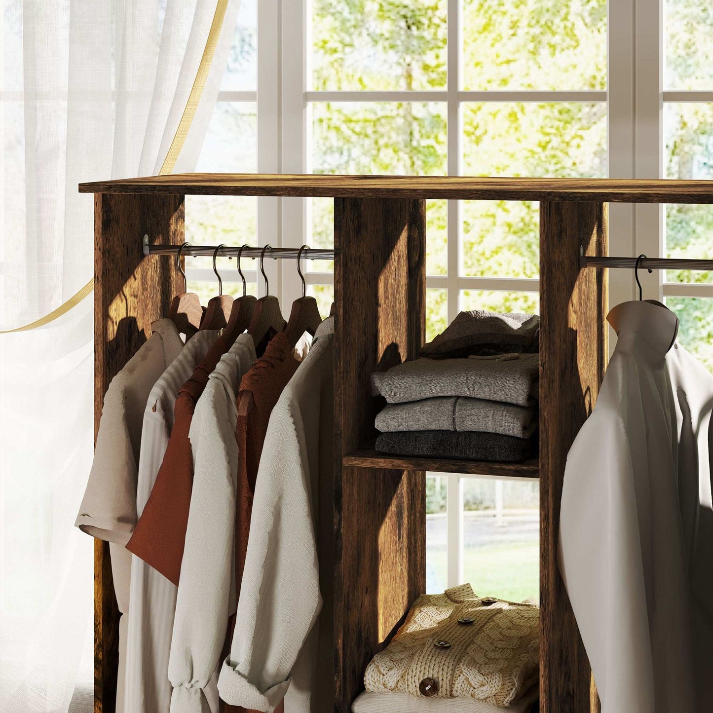 Open Wardrobe Double Mobile Storage Shelves Organiser W/6 Wheels-Rustic Brown