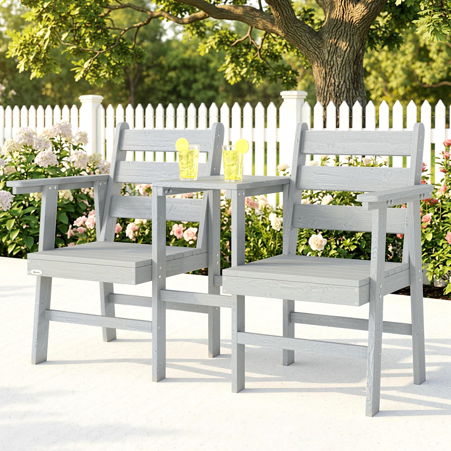 Wooden Jack & Jill Garden Loveseat | Integrated Centre Table | Embossed Fir Wood | Angled Backrest | Slatted | 300kg | 149x67x94cm | Grey