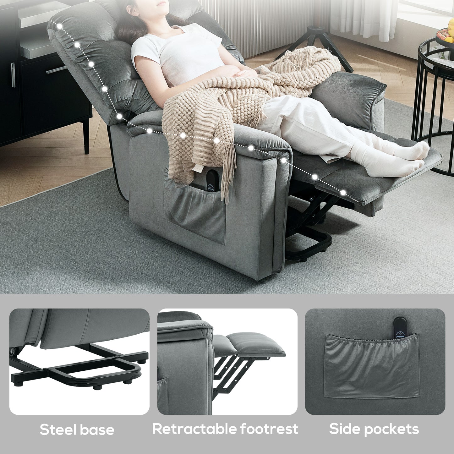 Velvet-Feel Electric Lift Recliner Chair - Dark Grey