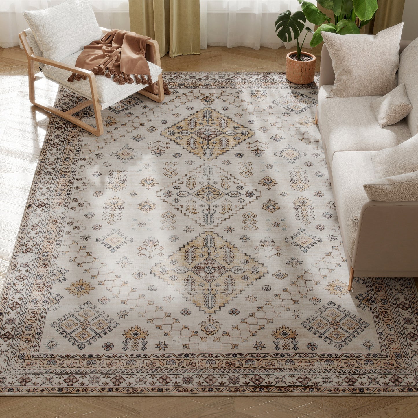 Vintage Classic Motif Area Rug | Machine Washable | Soft Flannel 100% Polyester | TPR Non-Slip Backing | Foldable | 290x200cm | Beige | Living Room Bedroom Dining Room Home Office