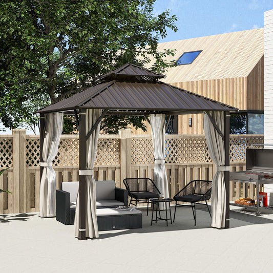 3 x 3(m) Hardtop Gazebo Canopy with Double Metal Roof, Waterproof Permanent Pavilion Garden Gazebo with Netting and Curtains