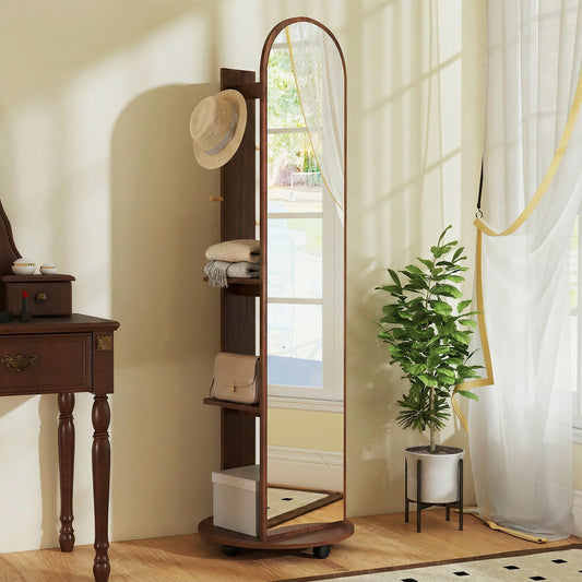 2-in-1 Full-Length Floor Mirror with Hidden Back Storage Shelves | Coat Rack & Hooks | 4 Lockable Wheels | Shatter-Resistant Tempered Glass | 50x50x167cm | Brown Wood Effect