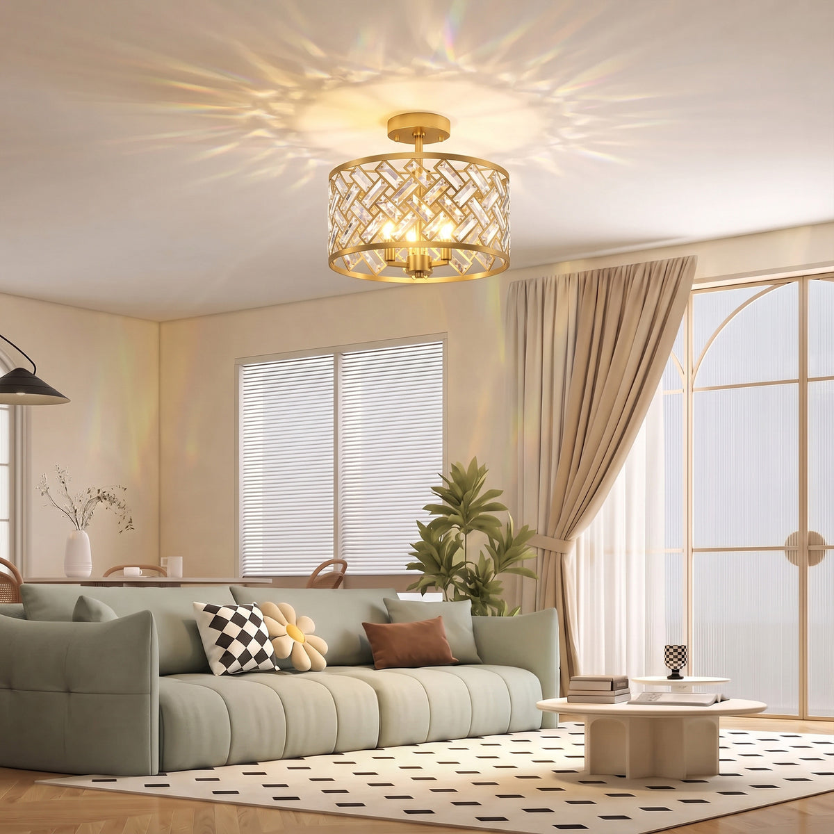 3-Light Crystal Drum Ceiling Light | 76 Crystal Prisms | 3x E14 Sockets | Electroplated Gold-Tone Frame | 39Dx34H cm | Max 40W per Bulb | LED Compatible | Ceiling >2.3m | Bulbs Not Included | Gold Tone