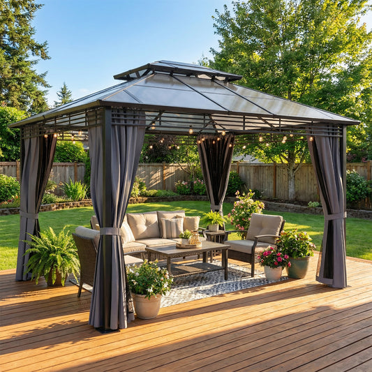 Outsunny 3 x 3.6 m Outdoor Hardtop Gazebo Canopy with 2-Tier Roof, Permanent Pavilion Garden Metal Gazebo with Sides, Dark Grey