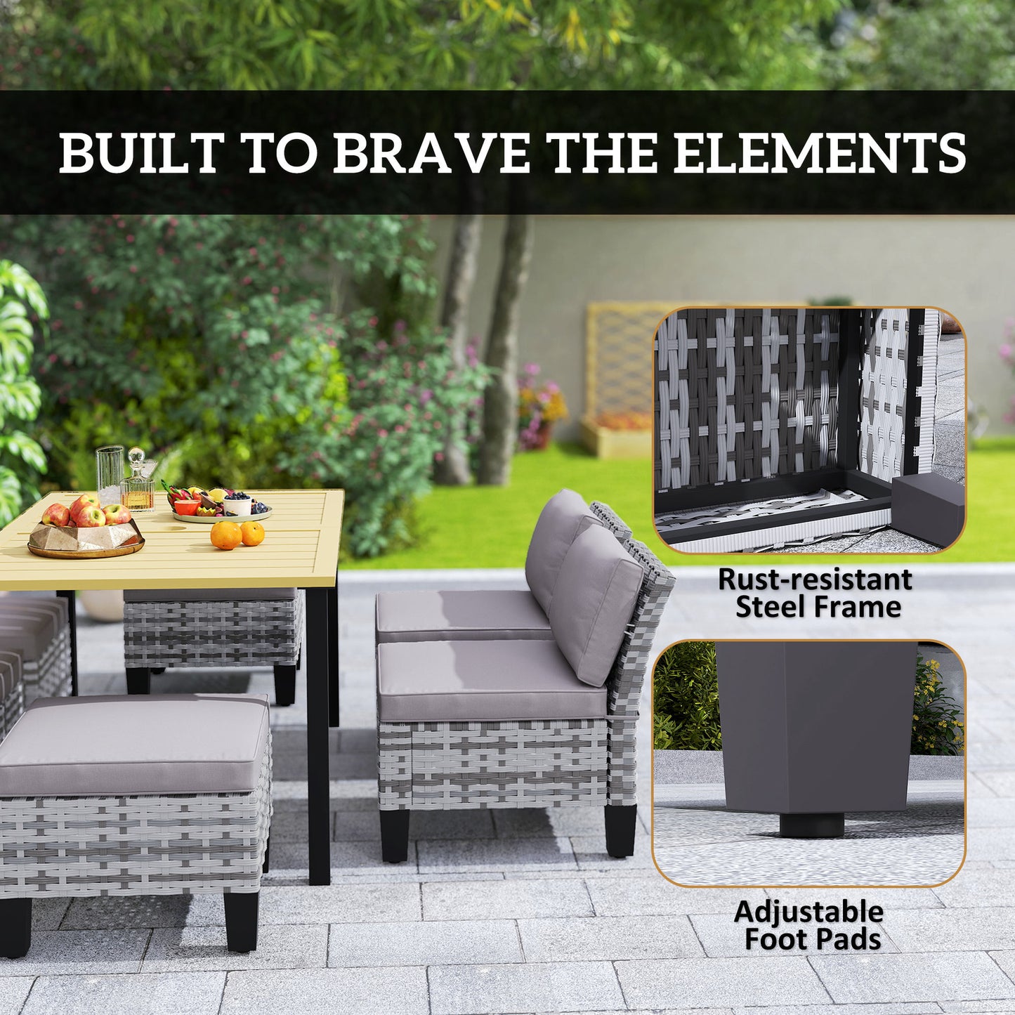 7-Piece Rattan Garden Dining Set, 6 Seater Wicker Garden Furniture Set with Seat and Back Cushions, Umbrella Hole, Patio Table and Chairs