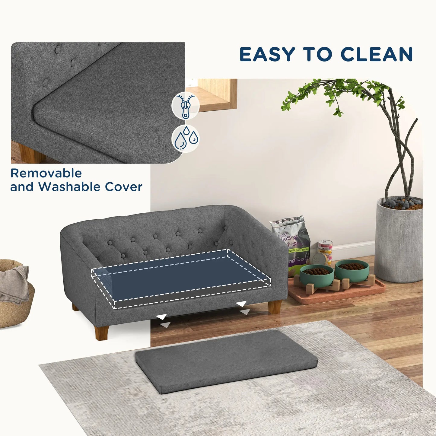 PawHut Raised Dog Sofa, Elevated Pet Sofa for Small Medium Dogs, Grey