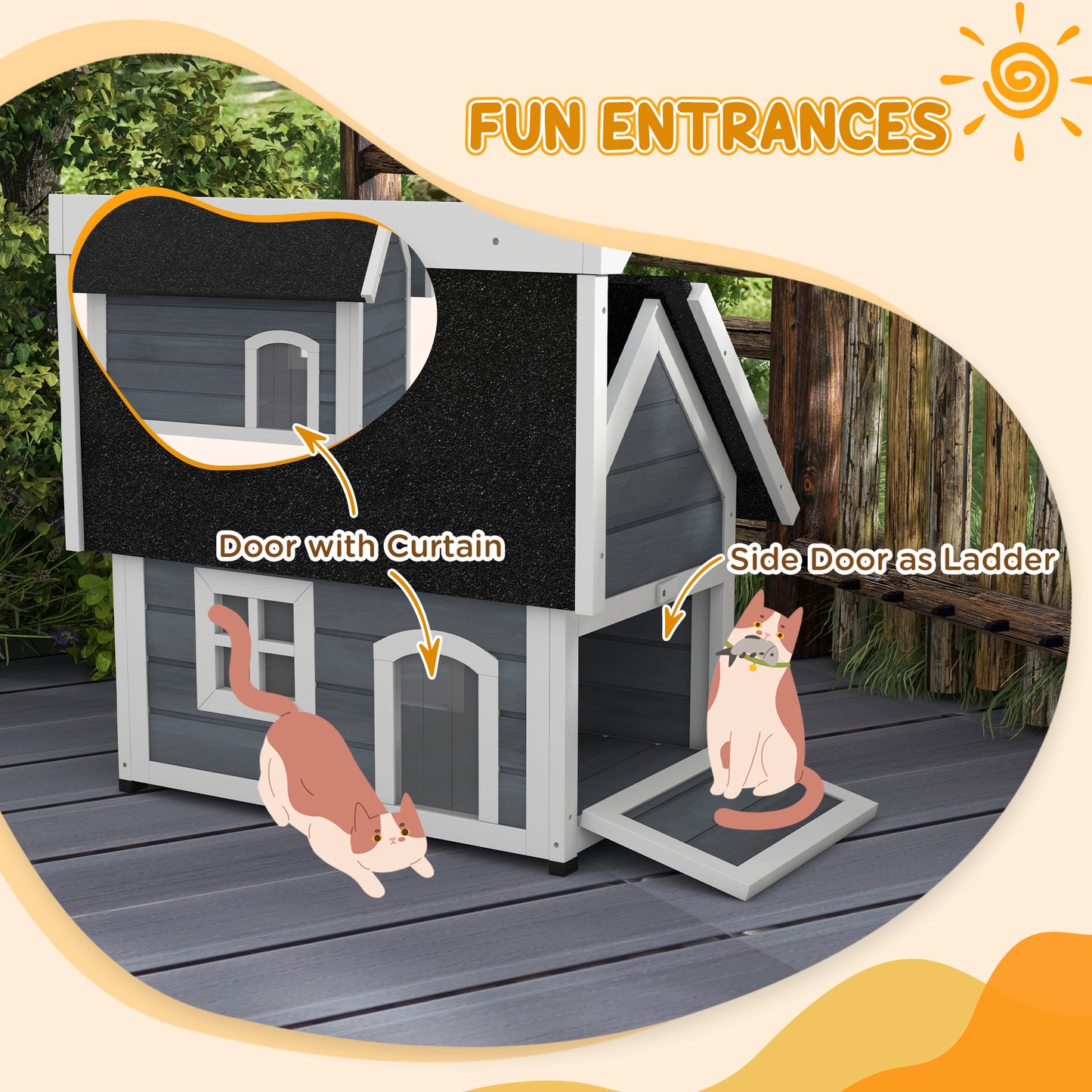 PawHut Outdoor Cat House, Wooden Feral Cat Shelter Waterproof Hide House with Openable Asphalt Roof and Three Doors, 77 x 57.5 x 68cm, Grey