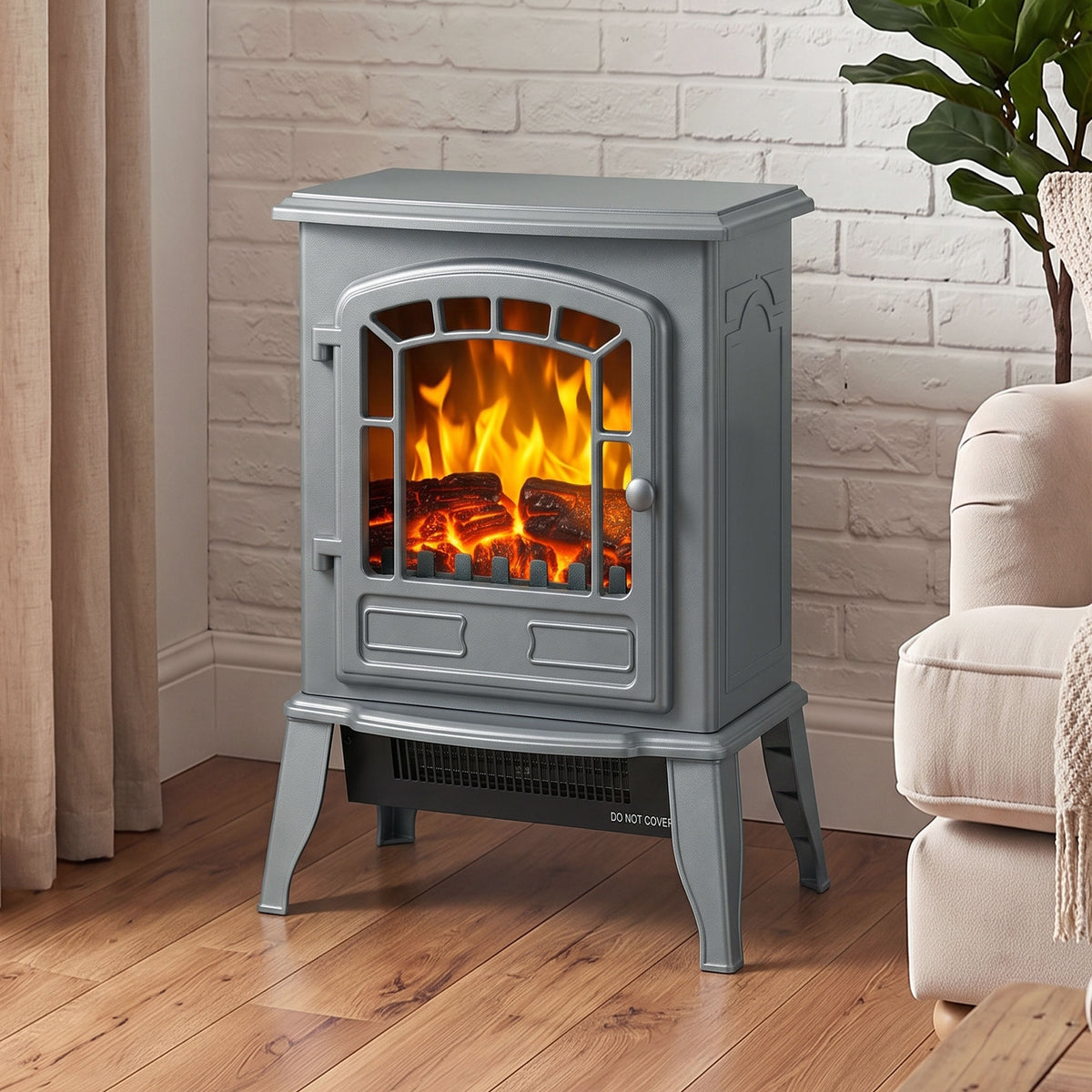 Freestanding Electric Fireplace Stove | 1000W/2000W | LED Flame Effect | Adjustable Thermostat | Grey