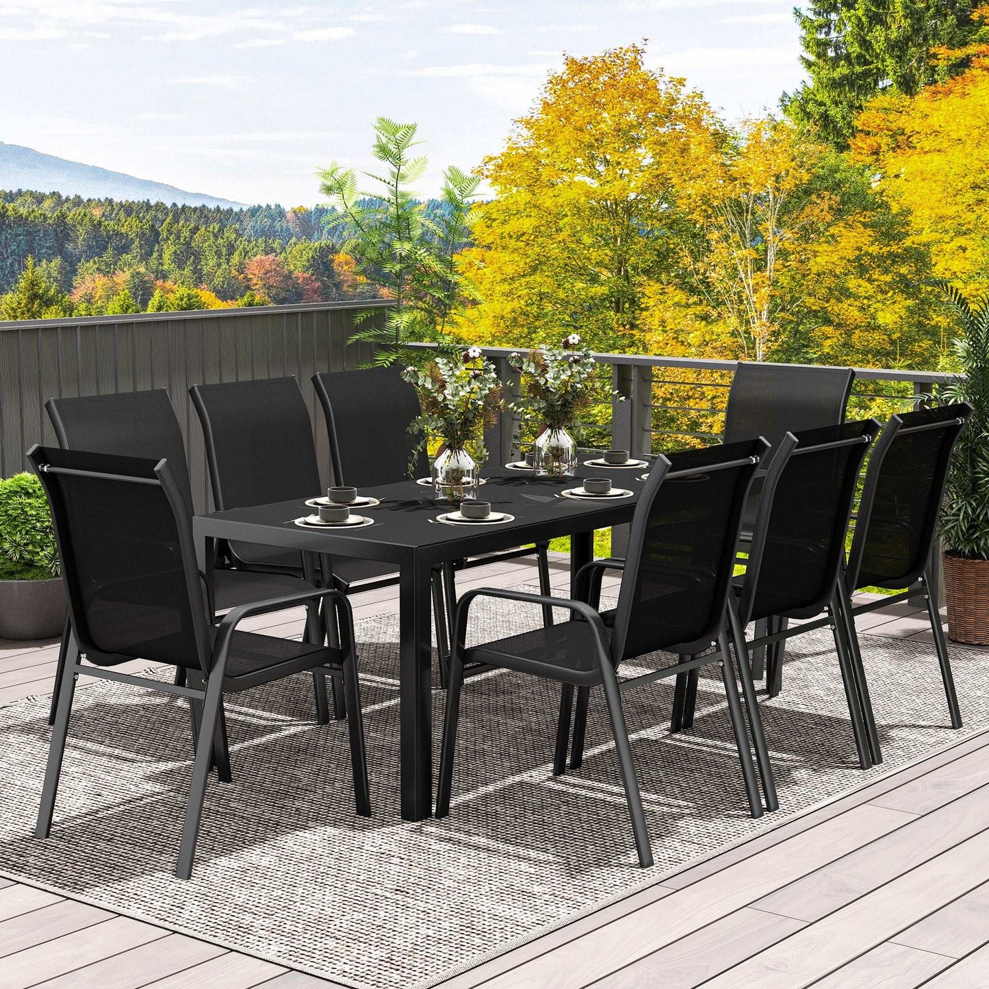 Outsunny 8 Seater Garden Dining Set with, Rectangular Tempered Glass Top, Outdoor Dining Table and Chairs for Patio, Balcony, Poolside, Black