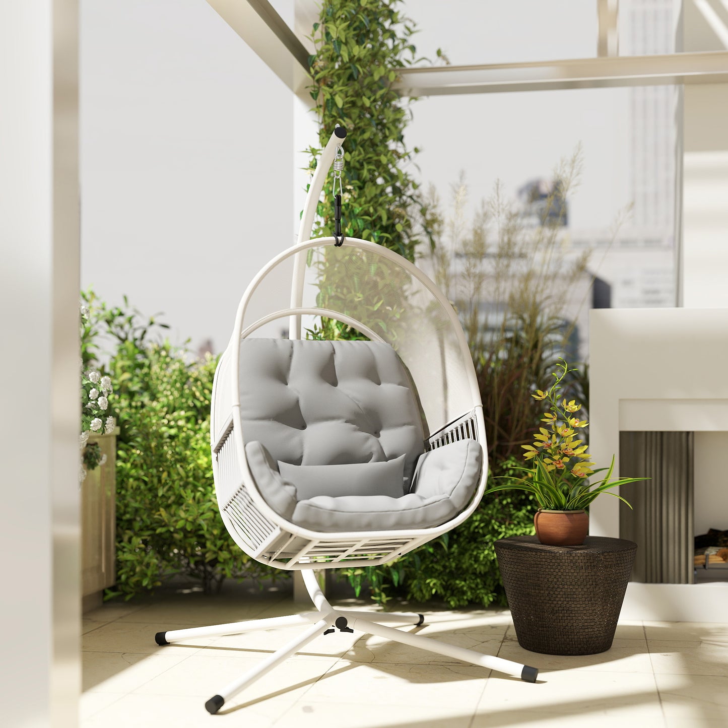 Hanging Egg Chair Outdoor Indoor, Swing Hammock Chair with Stand, Cushions, Lumbar Pillow, Adjustable Height and Steel Frame, Light Grey