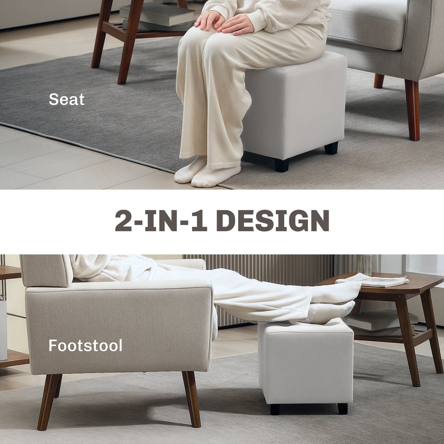 Velvet-Feel Square Ottoman - Light Grey