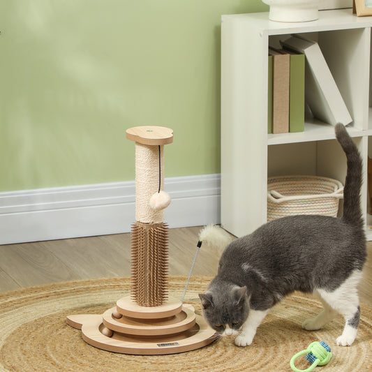 PawHut 49cm 5 in 1 Cat Scratching Post with Sisal Post, Track Ball Toy, Self Grooming Brush, Hanging Toy Ball, Feather, Oak