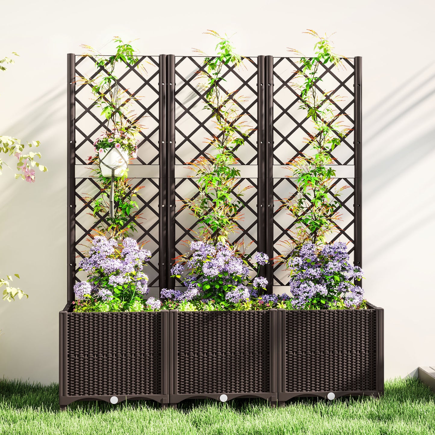 Large PP Raised Garden Bed with Trellis | 8 Drainage Holes & Drain Plugs | 75kg Capacity | 120x40x140cm | Indoor & Outdoor | Climbing Plants Veg & Flowers | Brown