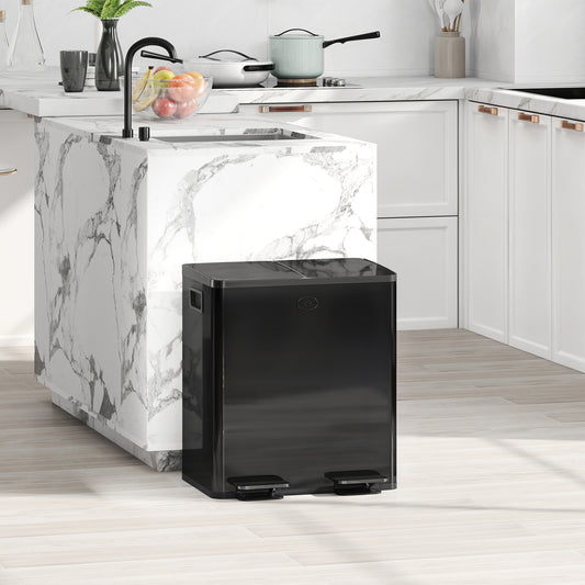 40L 2 x 20 Litre Dual Compartment Stainless Steel Bin, with Deodoriser Holders - Glossy Black