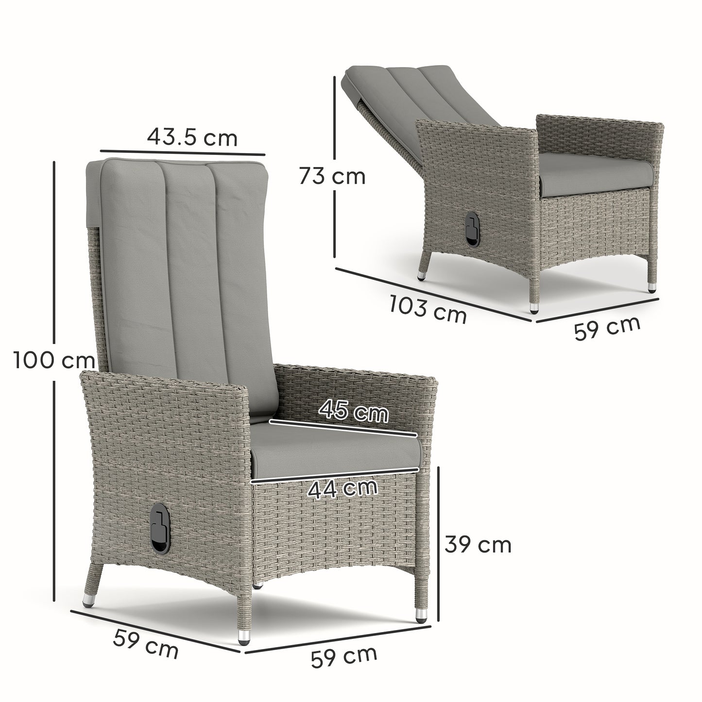 Rattan Garden Recliner Chair, Wicker Reclining Armchair with Adjustable Backrest and Cushion, Outdoor Lounge Sun Lounger with Armrests