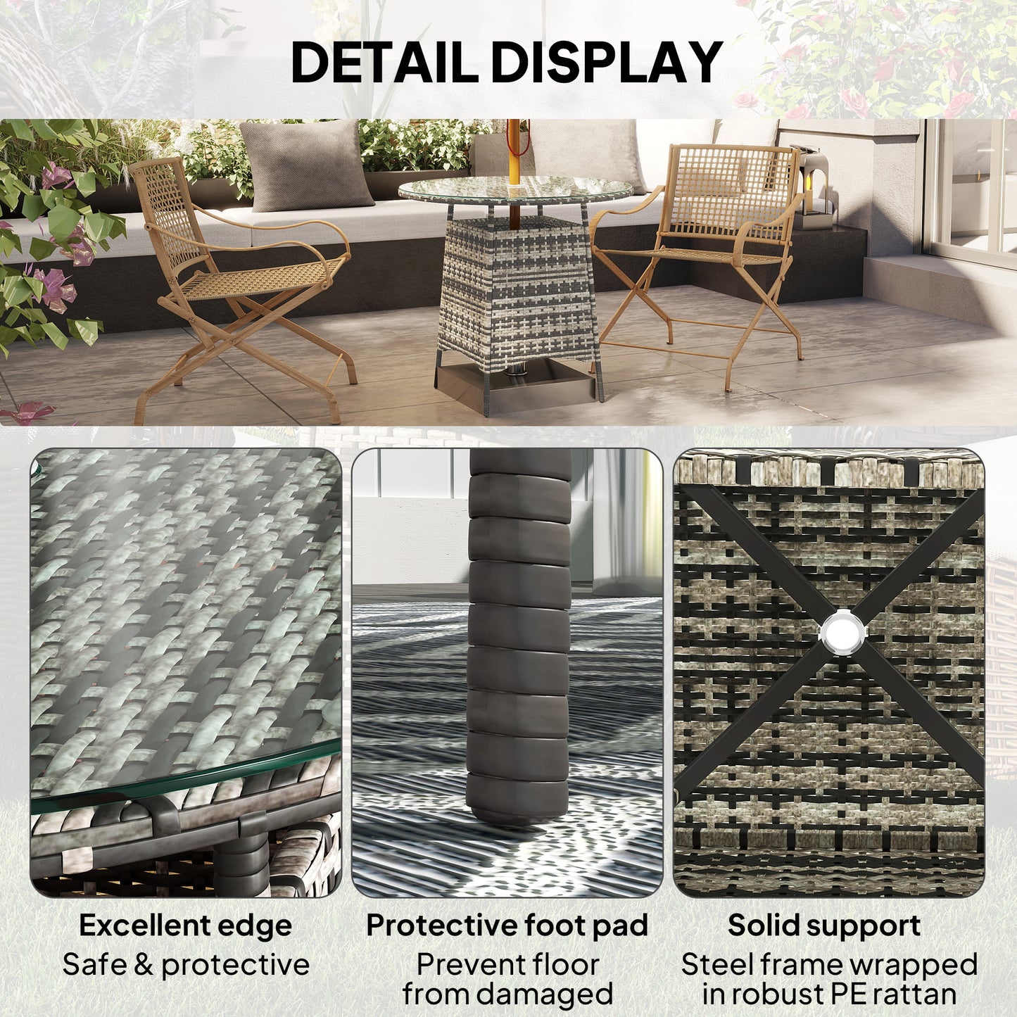 Outsunny Wicker Garden Rattan Table, Patio Furniture Outdoor Coffee Table with Umbrella Hole and Tempered Glass Top, Grey / Brown