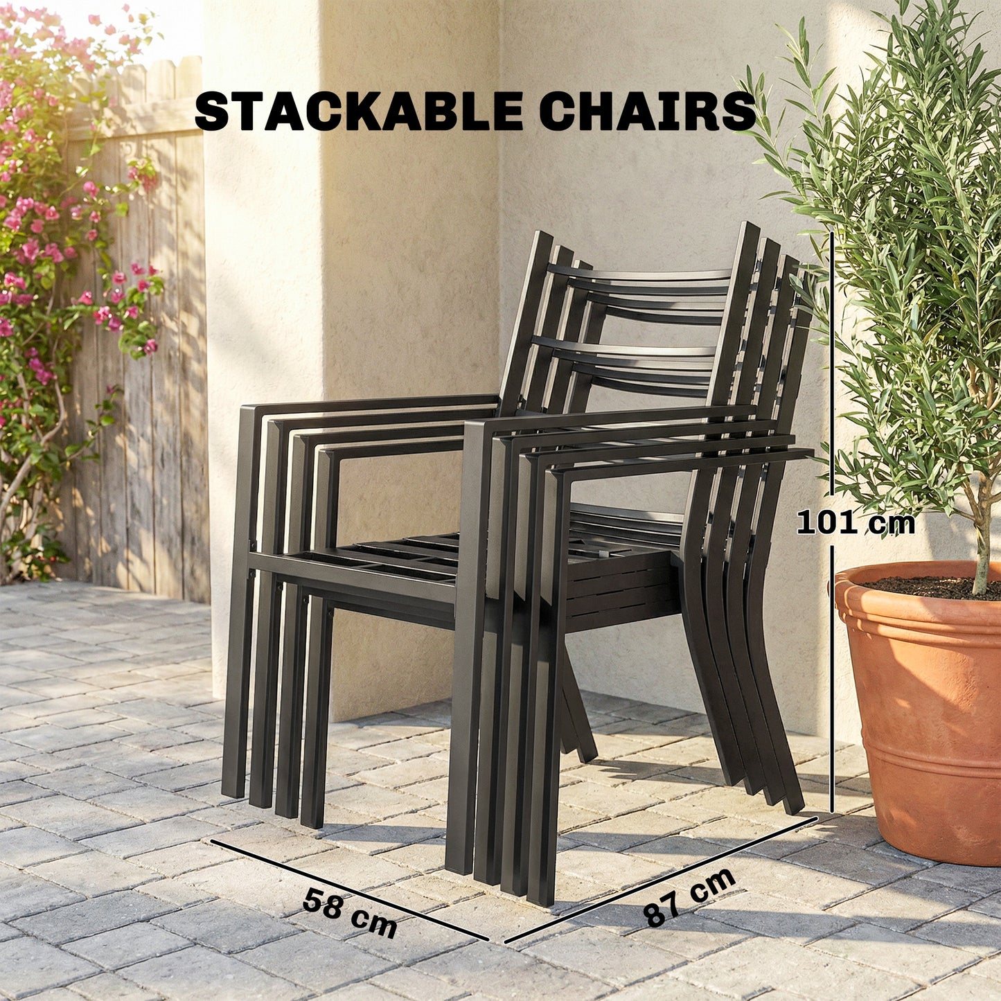 5-Piece Garden Dining Set | 80cm Square Table | 4 Stackable Armchairs | 8cm Seat & 15cm Back Cushions | Washable Covers | Powder-Coated Steel | 120kg Per Chair | Grey Wood Effect