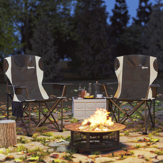 Set of 2 Folding Camping Chairs, Padded Camping Chairs with Adjustable Armrests, Portable & Lightweight Folding Camp Chair with Cooler Bag, Cup Holder and Side Pockets