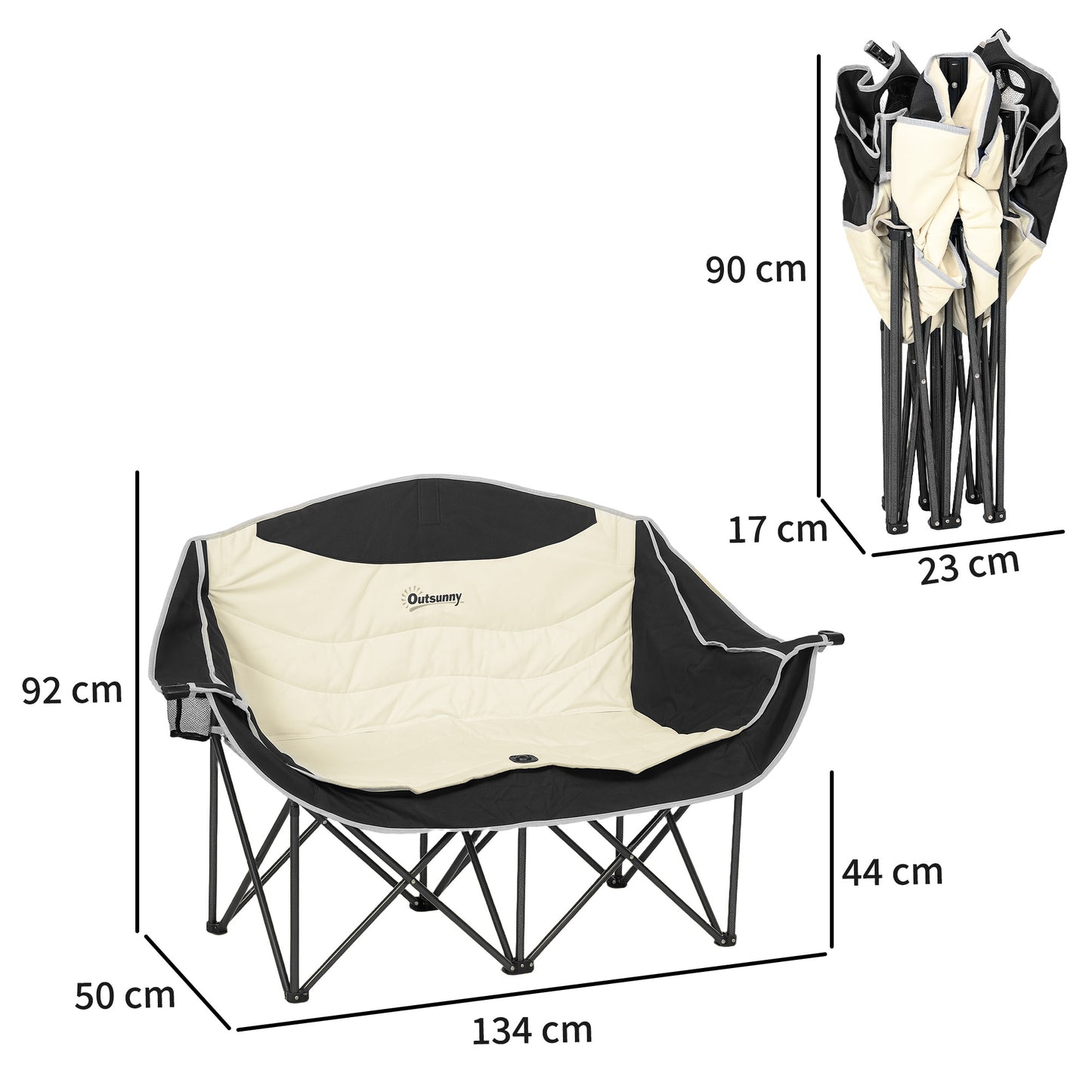 Double Camping Chair for Adults, Oversized Heavy Duty Padded Folding Chair with Armrests, Cup Holders and Carry Bag, 250kg Capacity
