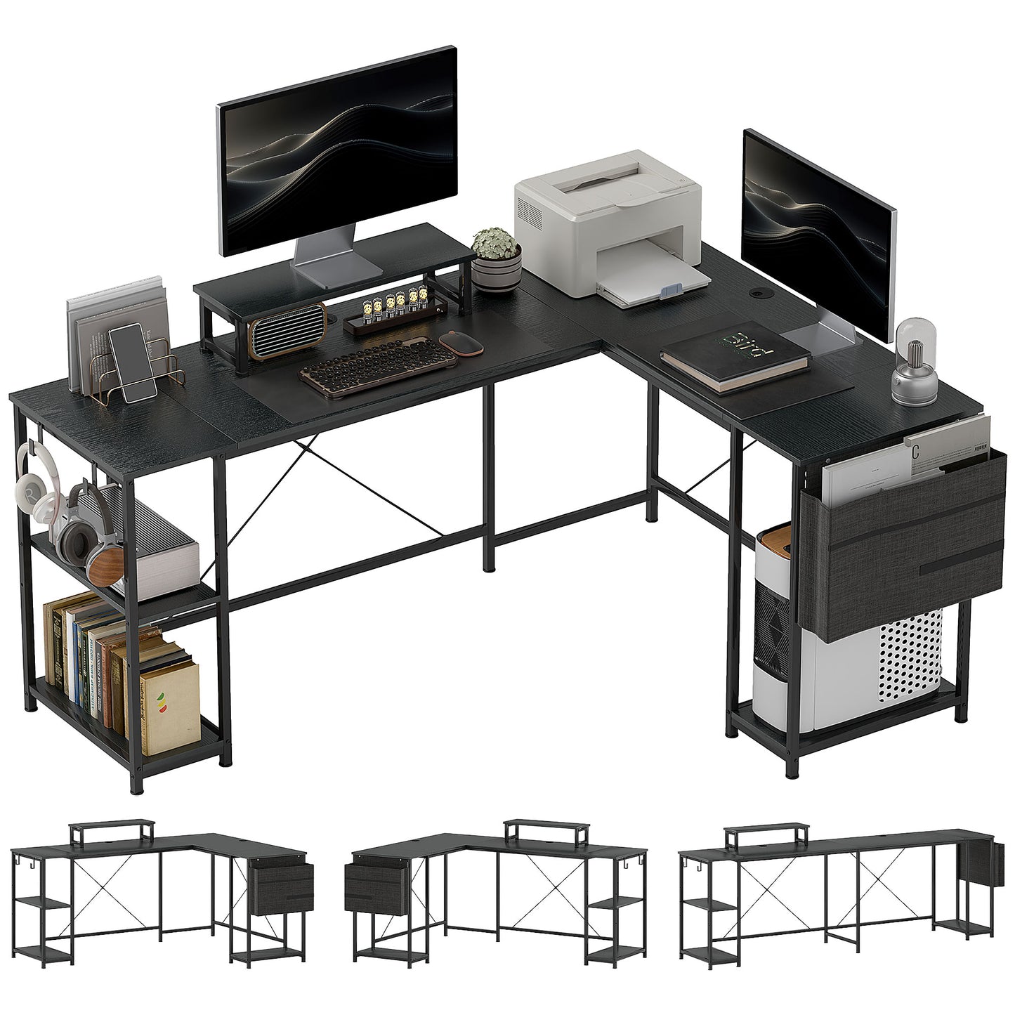 168cm Reversible L Shaped Desk, Industrial Corner Computer Desk with Adjustable Shelf and Storage Bag, 240cm 2 Person Desk with Monitor Stand
