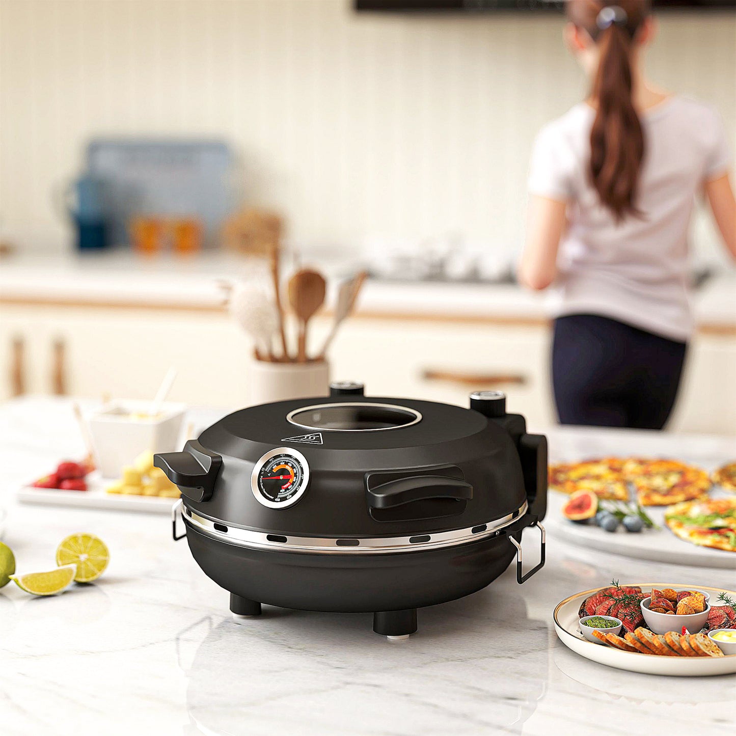 1200W Pizza Oven, 12 Inch Electric Pizza Maker with Viewing Window, Dual Knob Temp & Timer Control, Overheat Protection, Black / Red