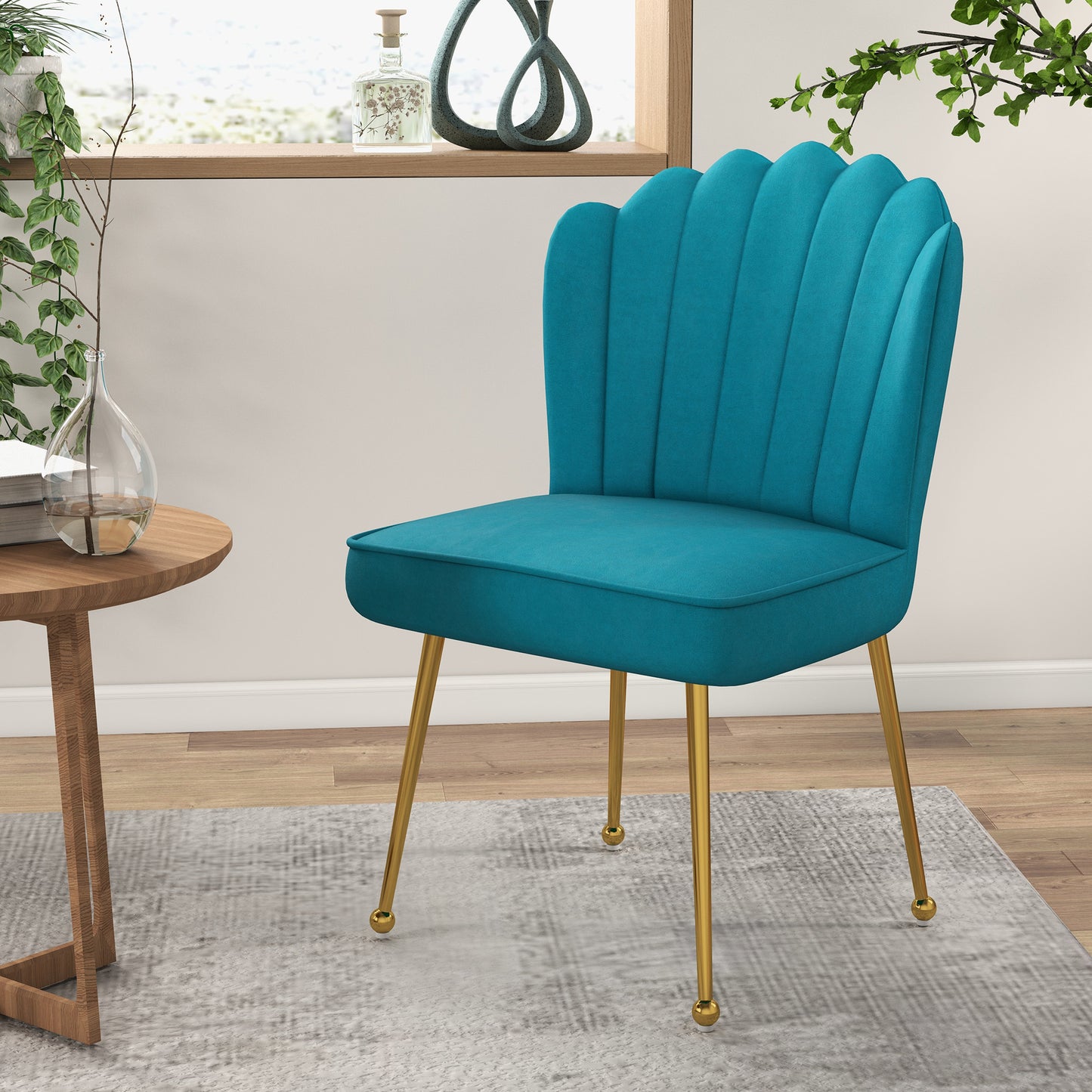 Vintage Retro Style Velvet-Feel Shell Accent Chair - Blue / Yellow
