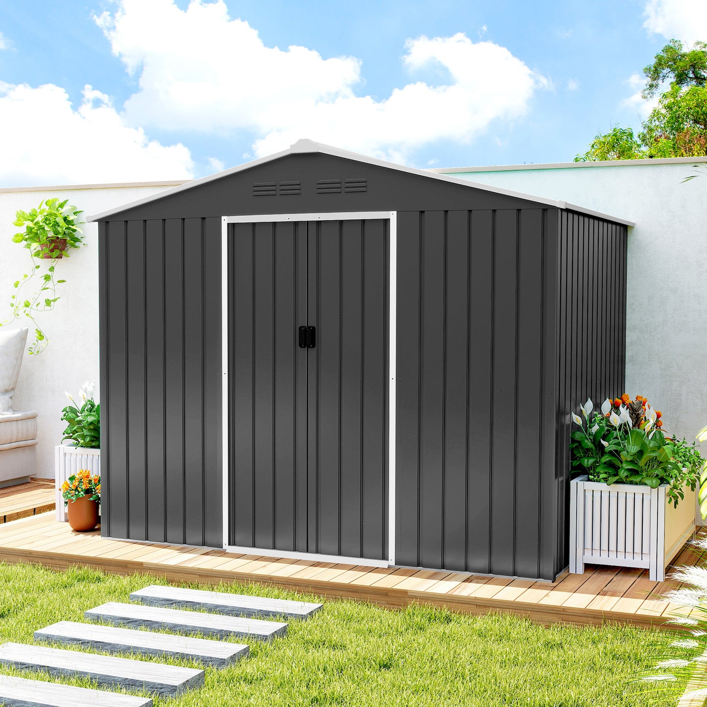 Large Galvanised Steel Garden Storage Shed | Double Sliding Door | 4 Ventilation Slots | Sloped Roof | 20kg/m² Snow Load | 236x171x191cm | Bikes Scooters Tools & Bins | Dark Grey