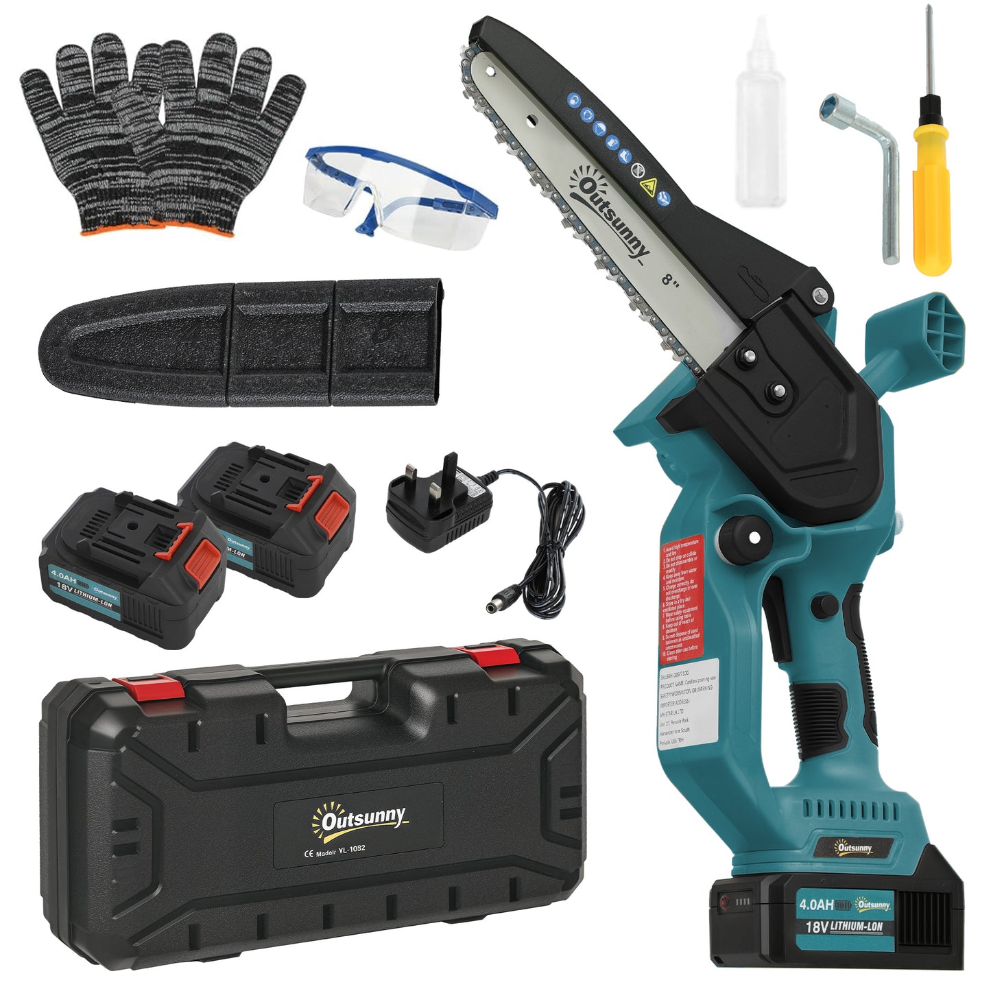 8 Inch Electric Chainsaw, Cordless Chain Saw with Brushless Motor, 2 x 4.0Ah Batteries and Safety Lock, Handheld Portable Wood Pruning Saw