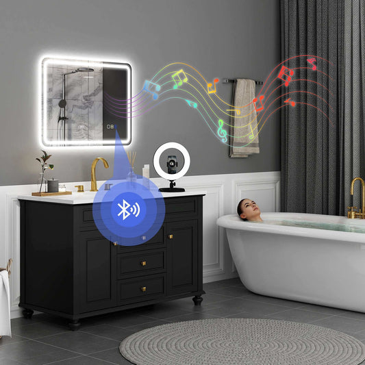 60 x 80 cm Bluetooth LED Bathroom Mirror with Clock Anti-Fog - Silver Tone