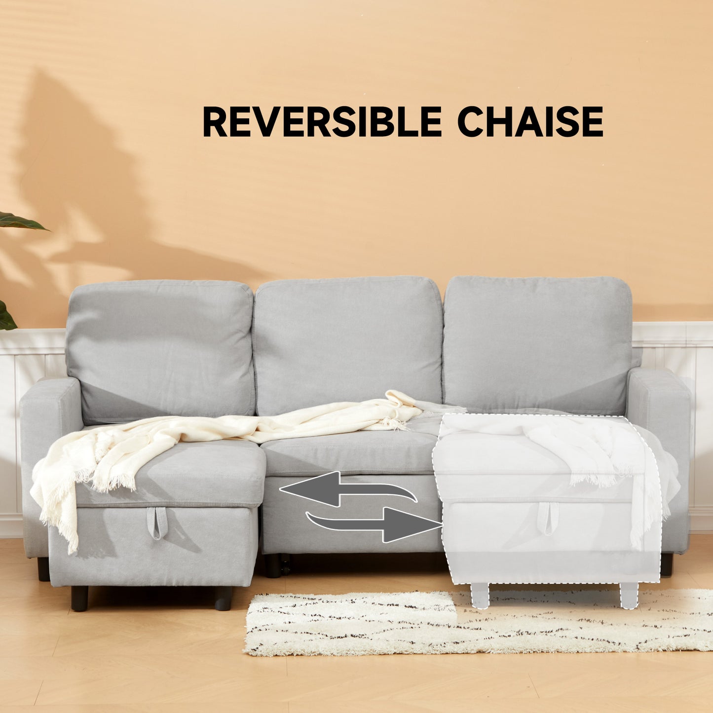 Three Seater L Sofa Bed, with Storage - Light Grey