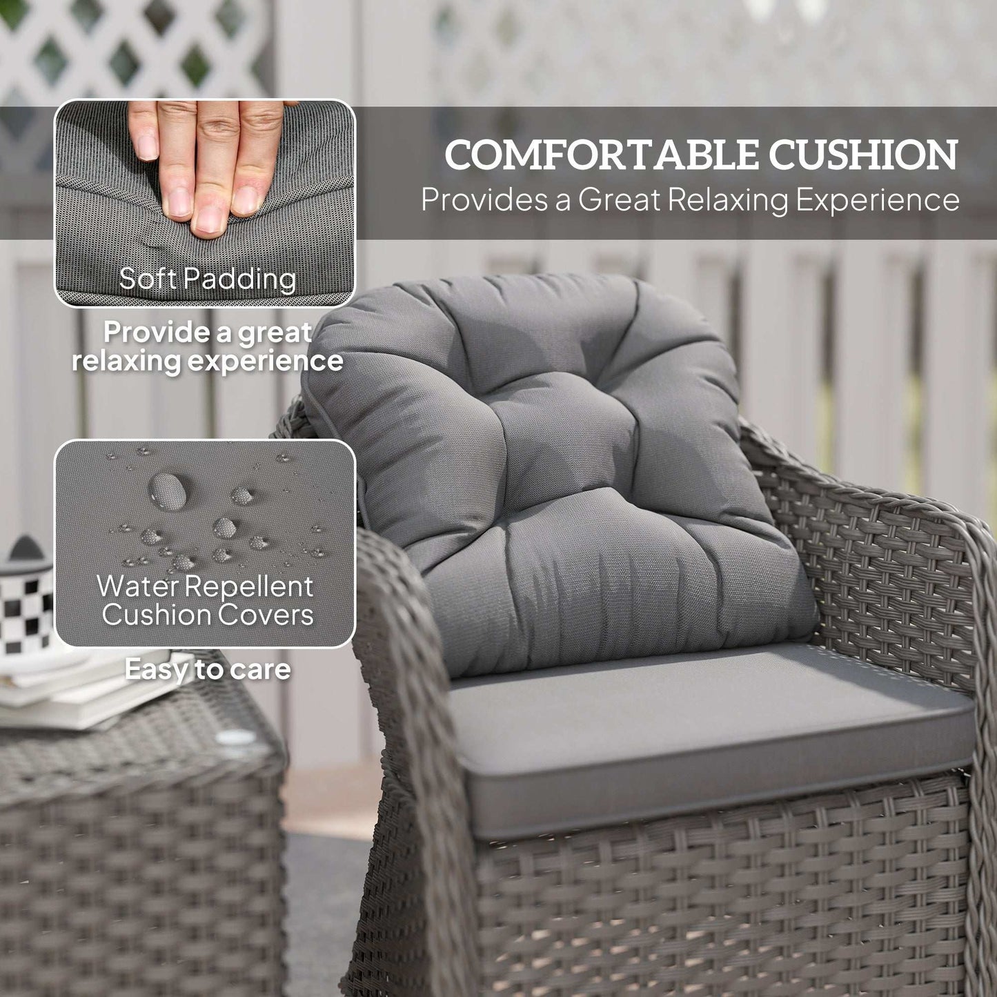 Outsunny 3 Pieces Rattan Bistro Set , Glass Top Balcony Table and Chairs with Cushions for Outdoor, Patio, Balcony, Light Grey