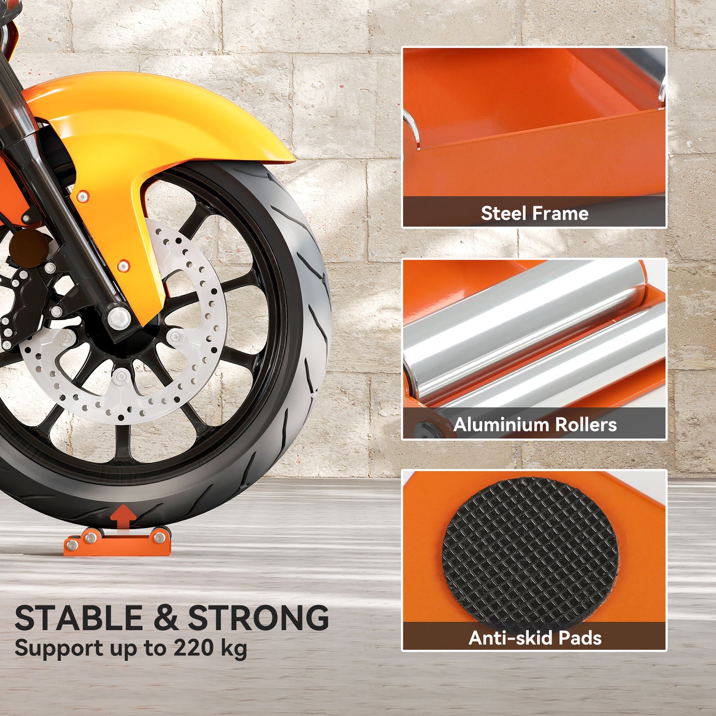 Motorcycle Wheel Cleaning Roller Maintenance Stand with Steel Frame, Aluminium Rollers, for Tyre Cleaning and Chain Lubrication, Fit Tyre Width < 180mm, Bikes < 485lb, Orange