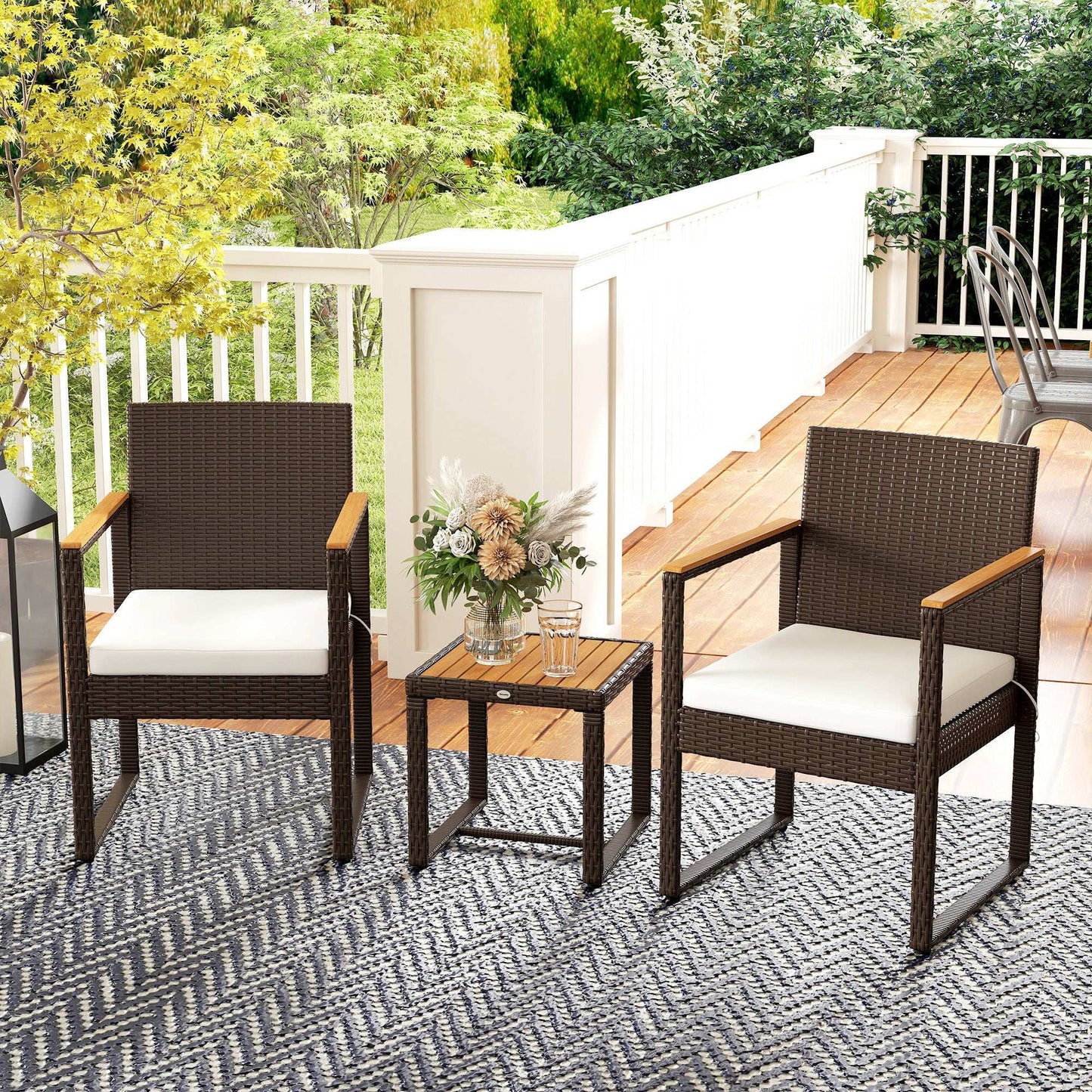 Outsunny Three-Piece Rattan Chair Set With Acadia Wood Table - Brown / Grey